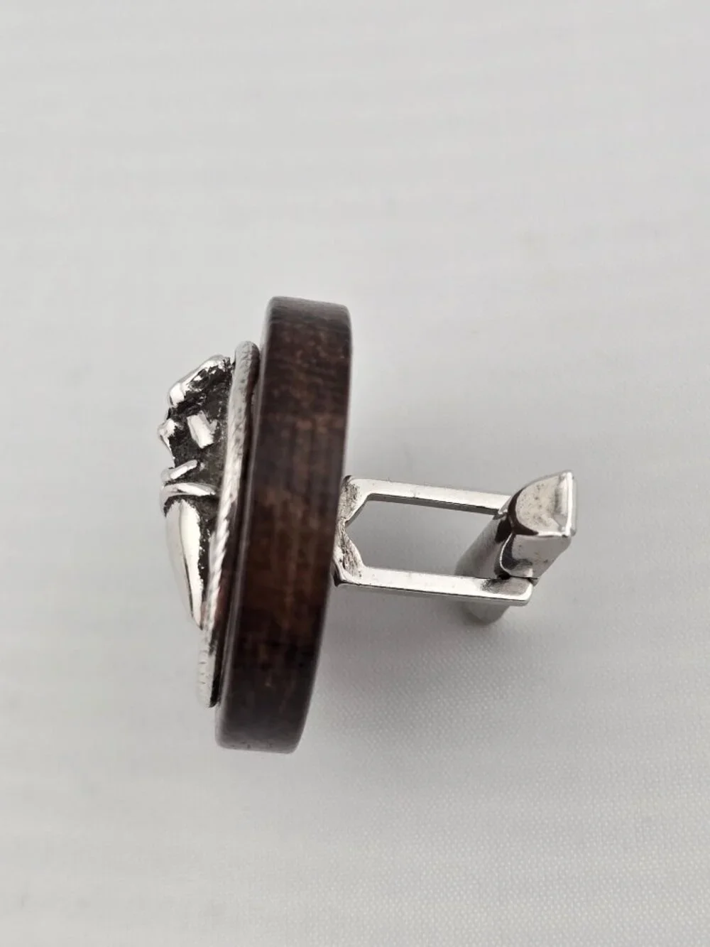 Vintage Swank Viking Wood & Silver-Tone Cufflinks Round With Horned Helmet
